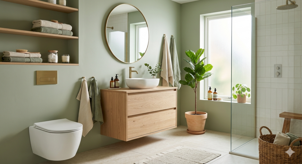 Bagno con arredo naturale e doccia walk-in Bagno con arredo naturale e doccia walk-in