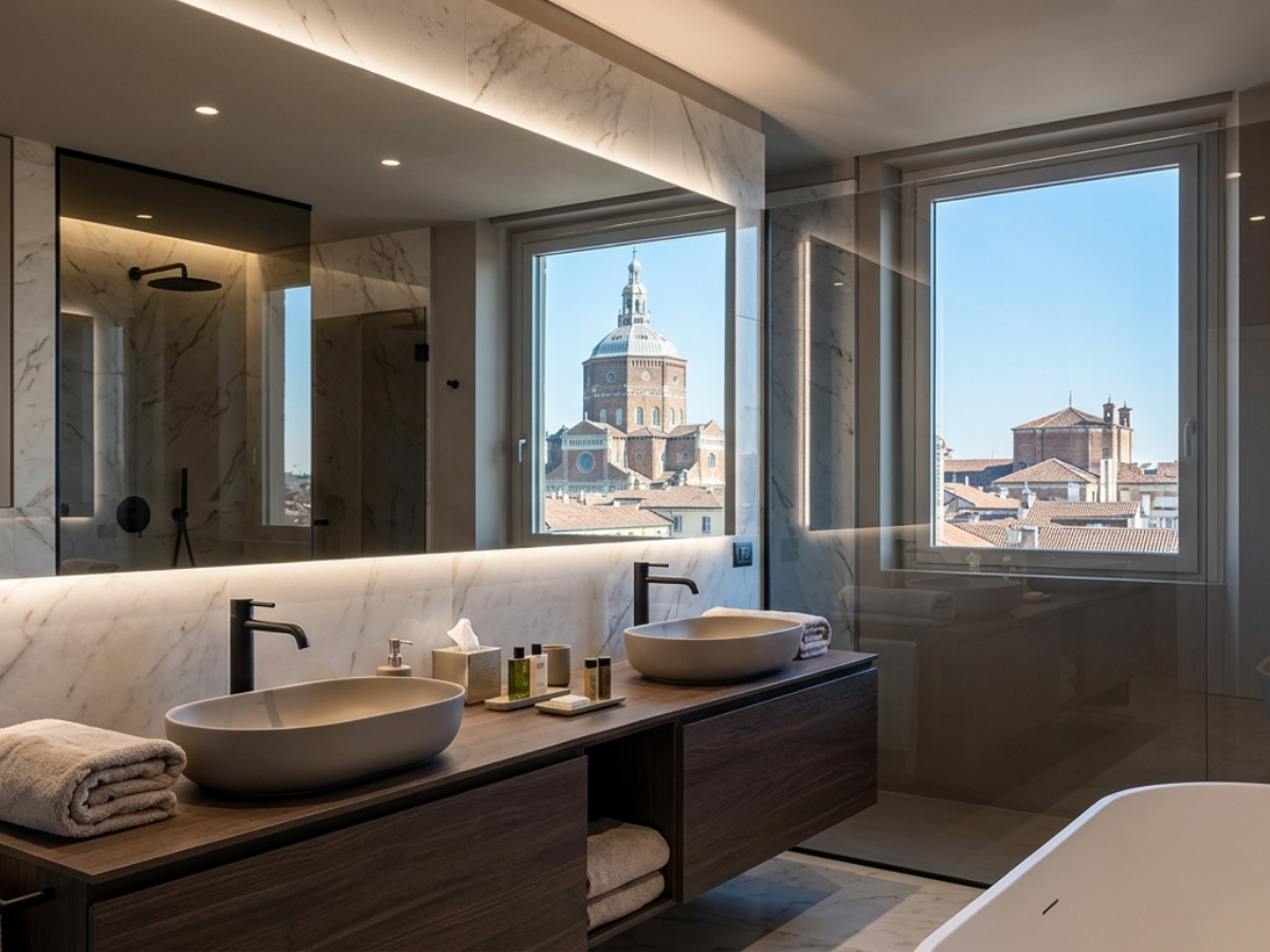 Bagno con arredo naturale e doccia walk-in
