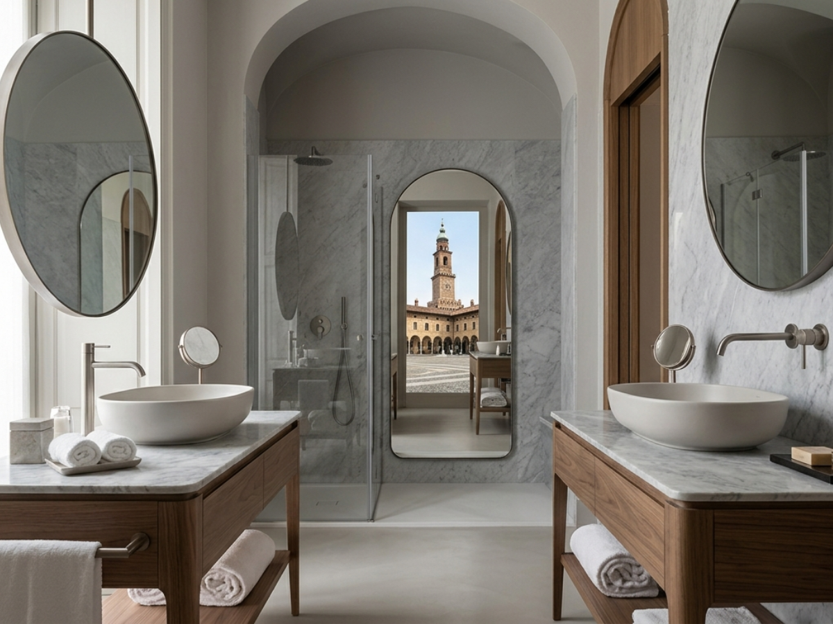 Composizione bagno con mobile colorato e rivestimenti materici