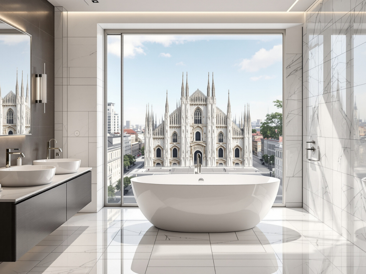 Ambiente bagno con doccia e lavabo in tonalità calde