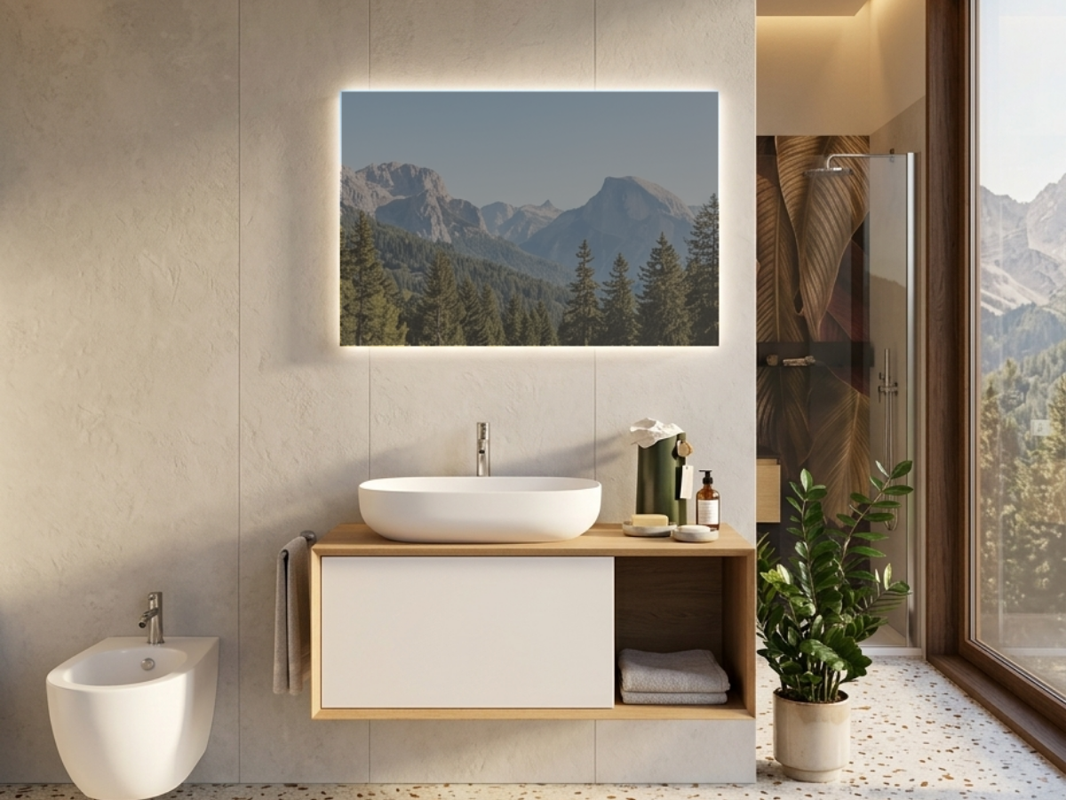 Area doccia con finiture calde e nicchie illuminate